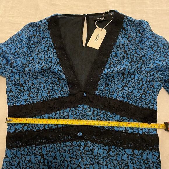 ADOR Floral Long Maxi Dress Blue | V Neck, Slit, Black Lace Trim, Small, NWT - Picture 8 of 10